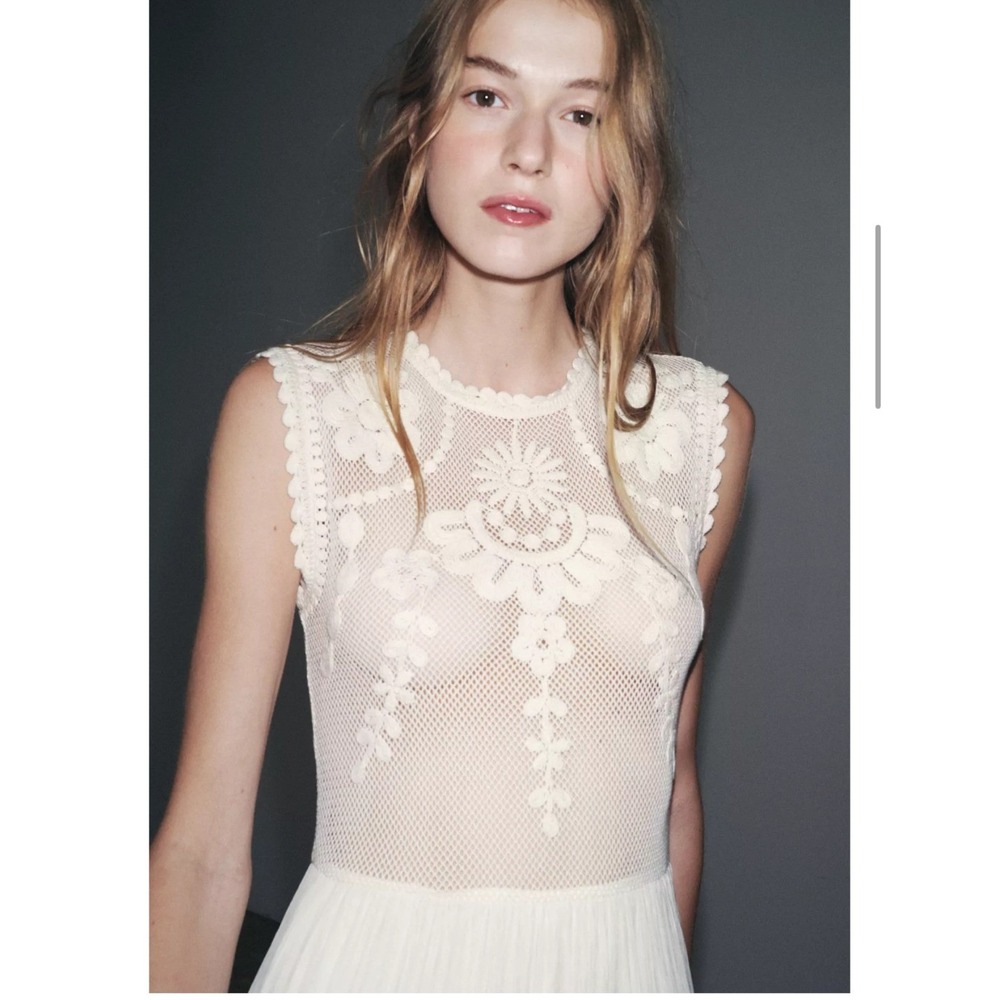 Zara ZW Collection Embroidered Combination Dress Ecru Lace‎ Midi Womens Medium - Picture 3 of 12